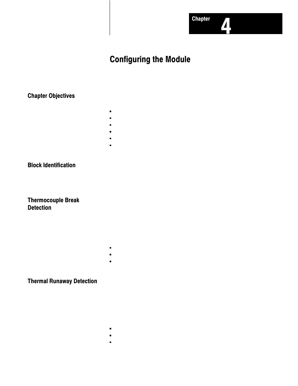4 - configuring the module, Chapter objectives, Block identification | Thermocouple break detection, Thermal runaway detection, Configuring the module | Rockwell Automation 1771-TCM,D17716.5.108 TEMPERATURE CONTROL MOD User Manual | Page 34 / 137
