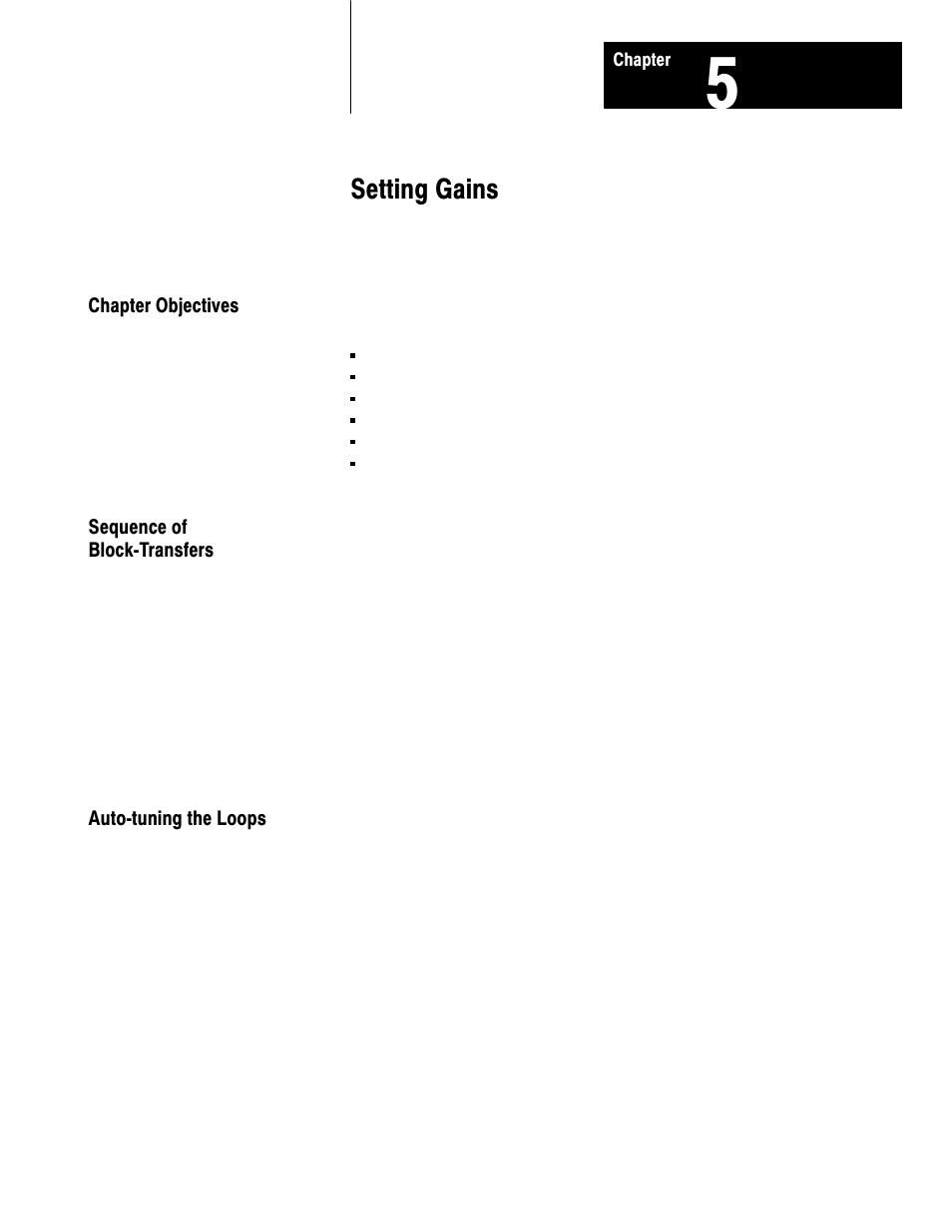 5 - setting gains, Chapter objectives, Sequence of block-transfers | Setting gains | Rockwell Automation 1771-TCM,D17716.5.108 TEMPERATURE CONTROL MOD User Manual | Page 39 / 137