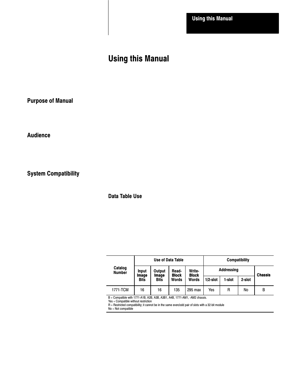 Preface - using this manual, Using this manual, Purpose of manual audience system compatibility | Rockwell Automation 1771-TCM,D17716.5.108 TEMPERATURE CONTROL MOD User Manual | Page 6 / 137