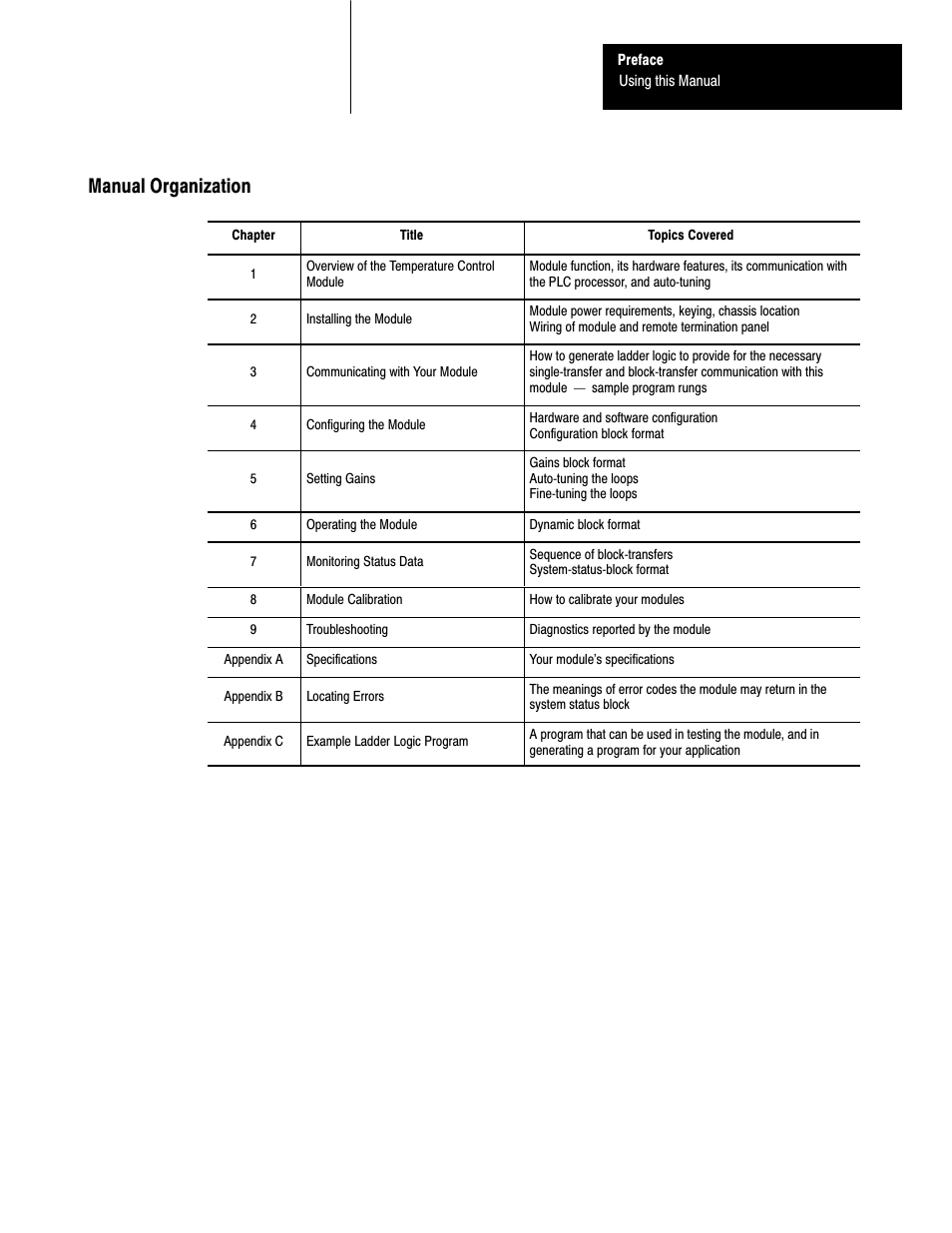 Manual organization | Rockwell Automation 1771-TCM,D17716.5.108 TEMPERATURE CONTROL MOD User Manual | Page 8 / 137