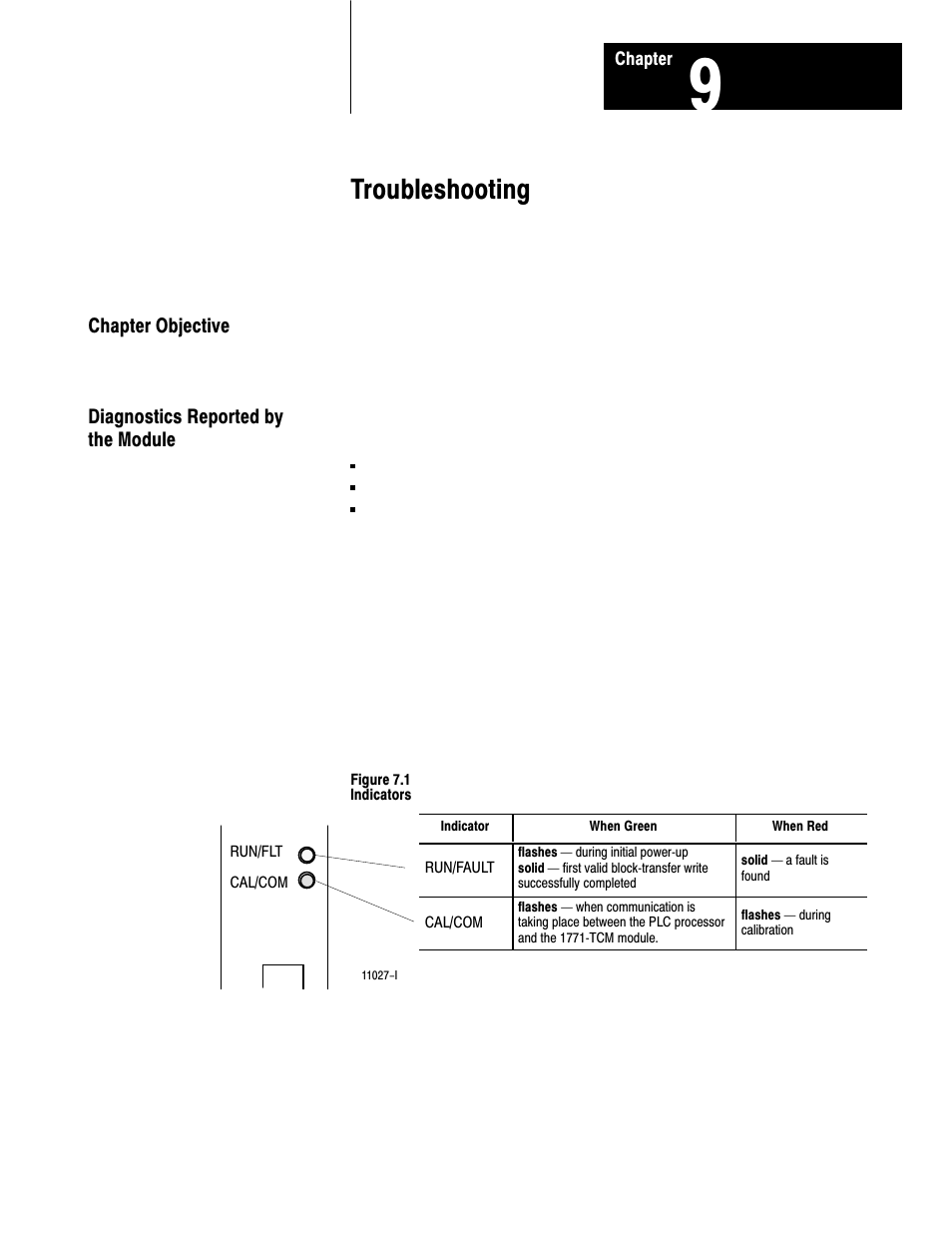 9 - troubleshooting, Chapter objective, Diagnostics reported by the module | Troubleshooting | Rockwell Automation 1771-TCM,D17716.5.108 TEMPERATURE CONTROL MOD User Manual | Page 80 / 137