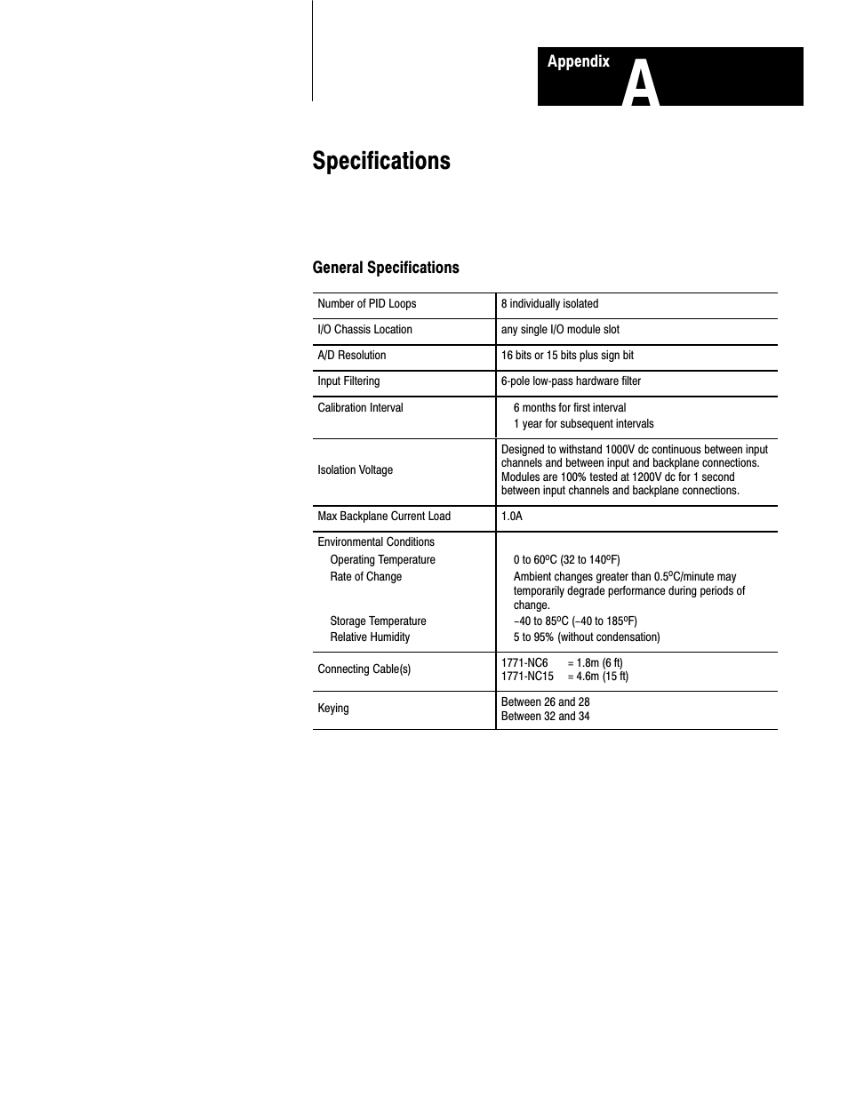 Specifications | Rockwell Automation 1771-TCM,D17716.5.108 TEMPERATURE CONTROL MOD User Manual | Page 82 / 137