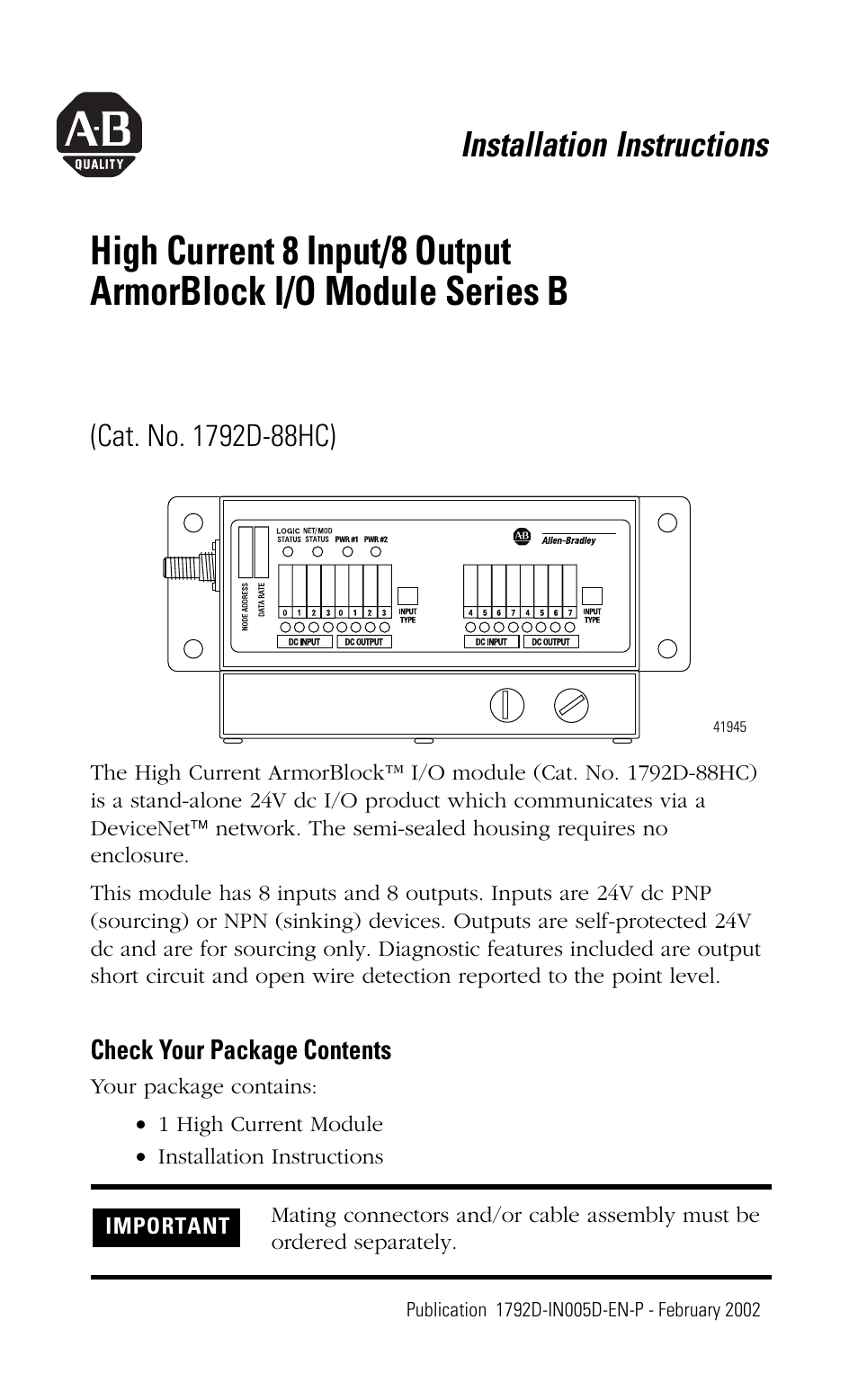 Rockwell Automation 1792D-88HC High Current 8 Input/8 Output ArmorBlock I/O Module Series B User Manual | 16 pages