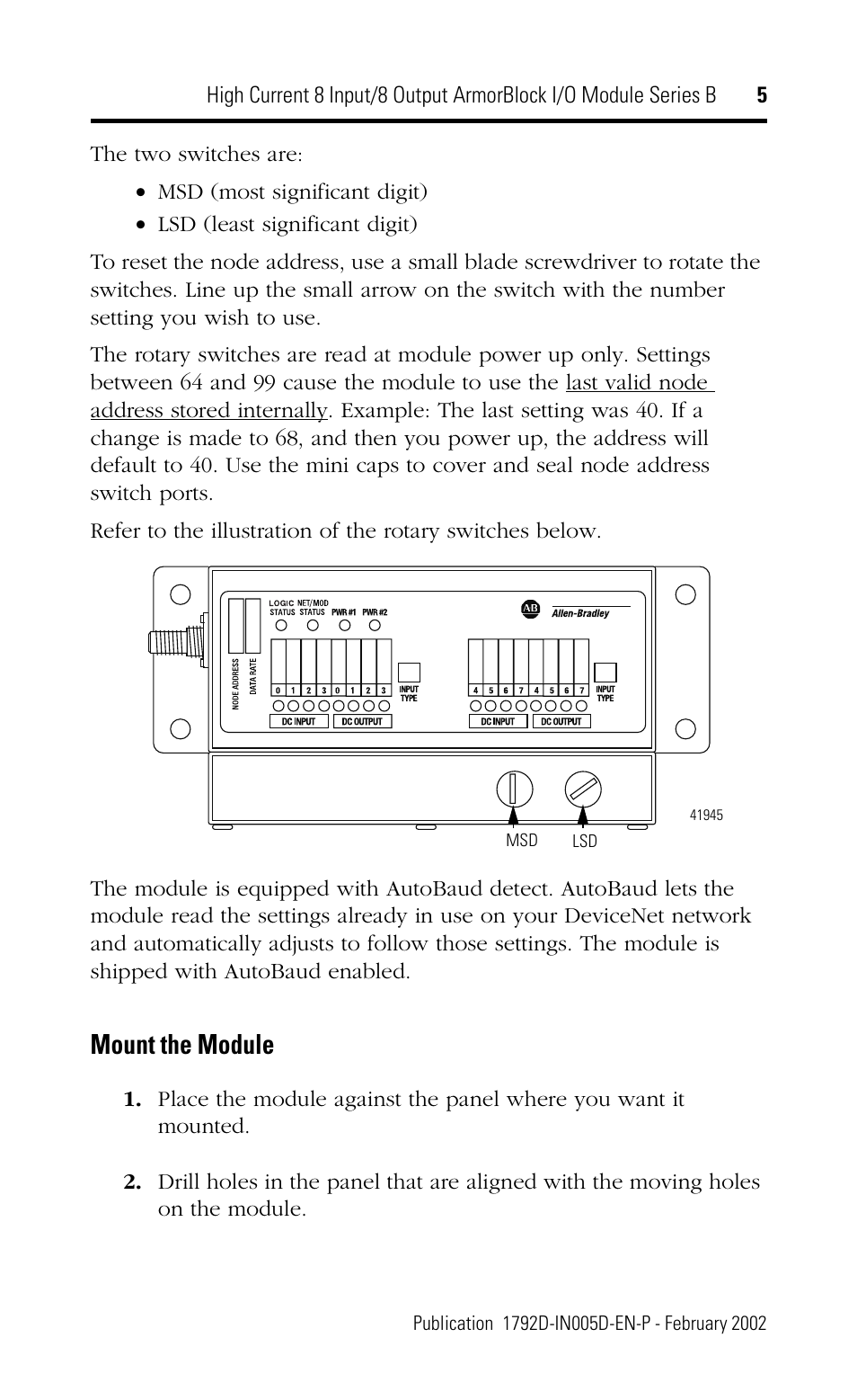 Mount the module | Rockwell Automation 1792D-88HC High Current 8 Input/8 Output ArmorBlock I/O Module Series B User Manual | Page 5 / 16