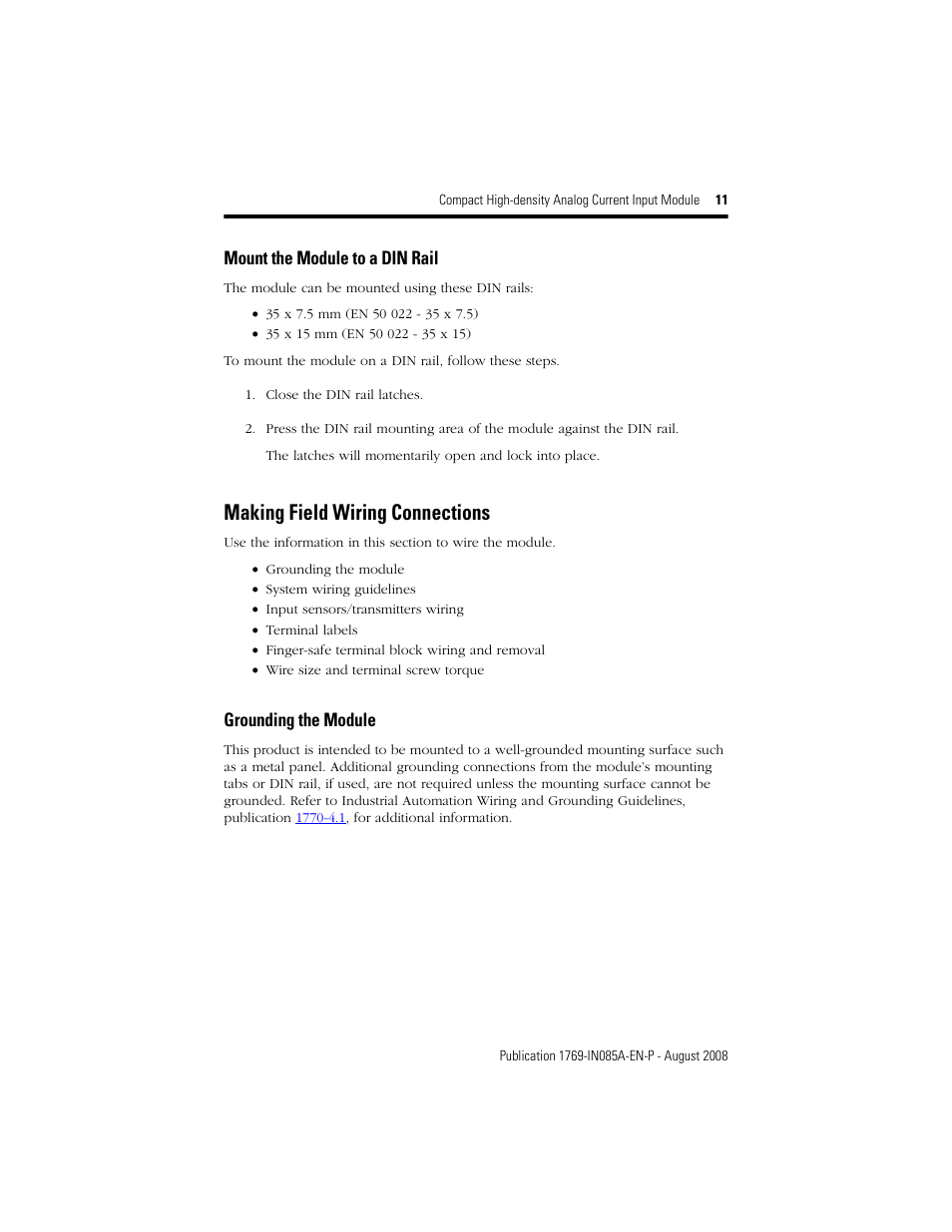 Making field wiring connections, Mount the module to a din rail, Grounding the module | Rockwell Automation 1769-IF16C Conpact High Density Analog Current Input Module User Manual | Page 11 / 28