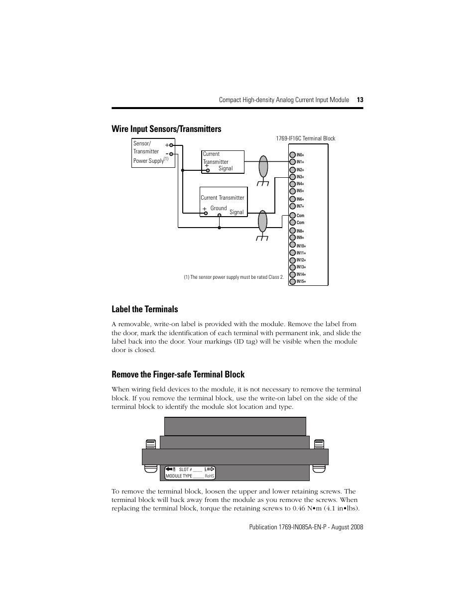 Remove the finger-safe terminal block | Rockwell Automation 1769-IF16C Conpact High Density Analog Current Input Module User Manual | Page 13 / 28