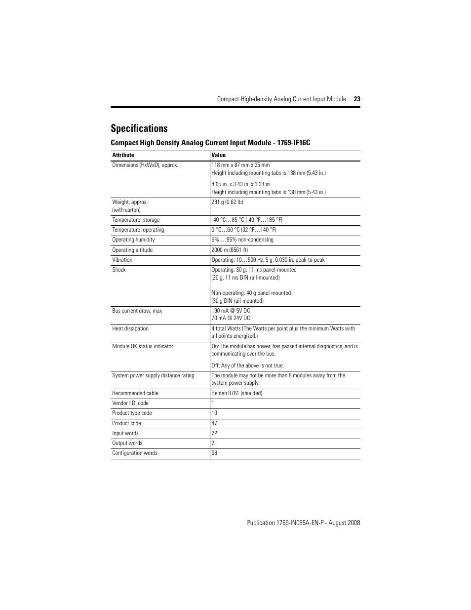 Specifications | Rockwell Automation 1769-IF16C Conpact High Density Analog Current Input Module User Manual | Page 23 / 28