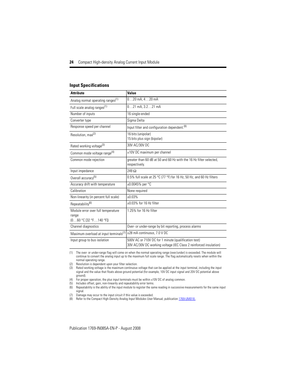 Input specifications | Rockwell Automation 1769-IF16C Conpact High Density Analog Current Input Module User Manual | Page 24 / 28