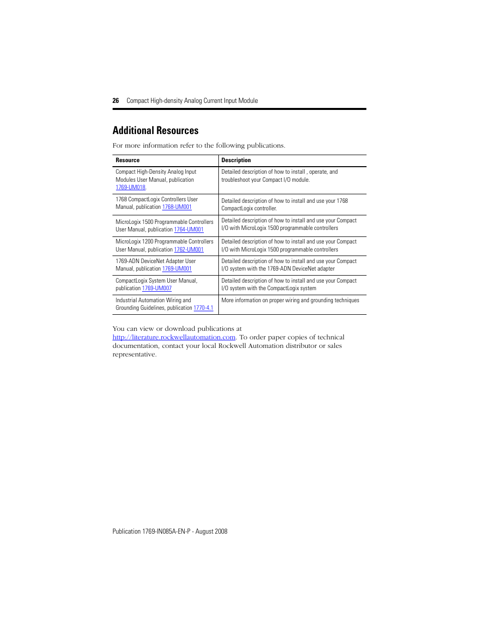 Additional resources | Rockwell Automation 1769-IF16C Conpact High Density Analog Current Input Module User Manual | Page 26 / 28