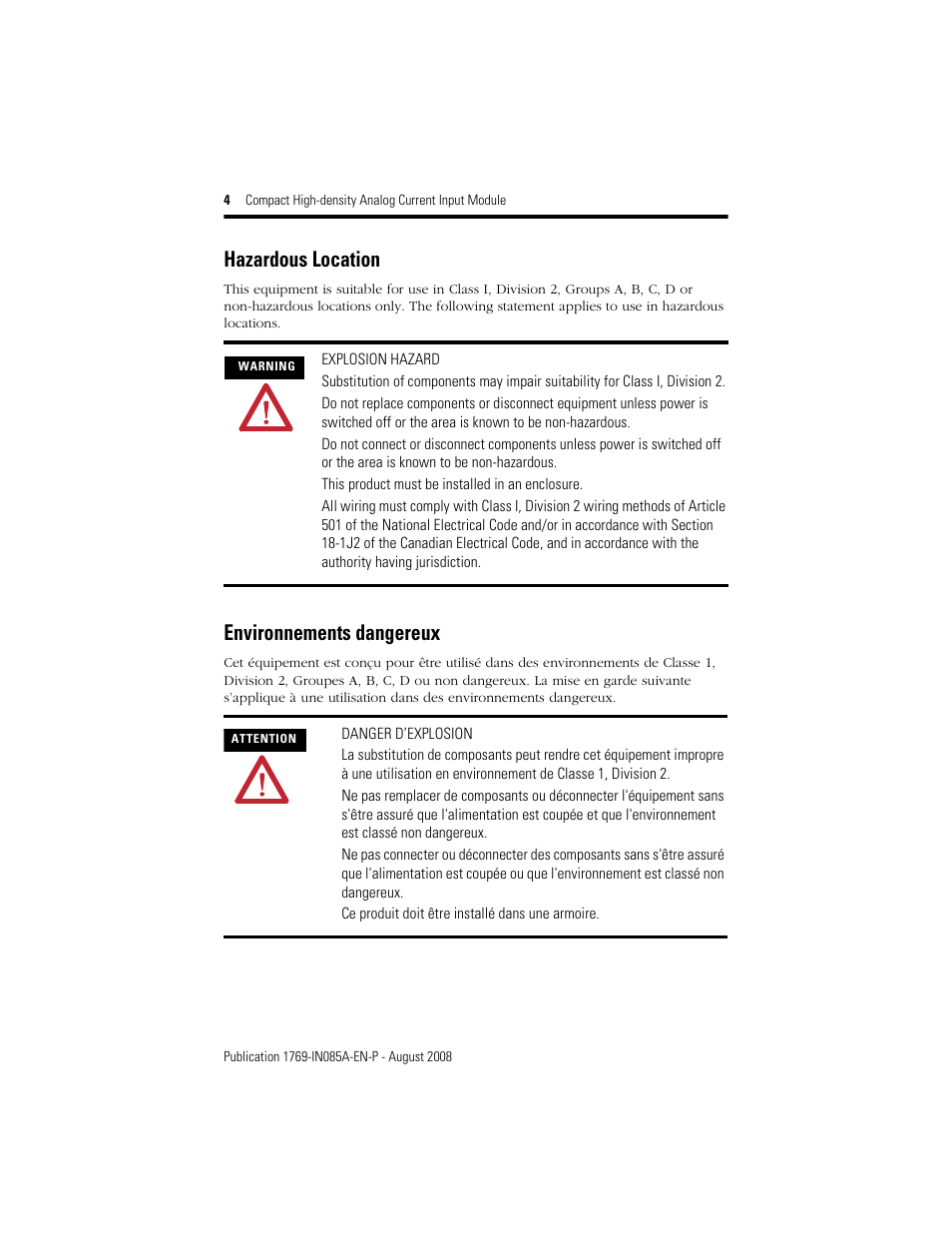 Hazardous location, Environnements dangereux | Rockwell Automation 1769-IF16C Conpact High Density Analog Current Input Module User Manual | Page 4 / 28