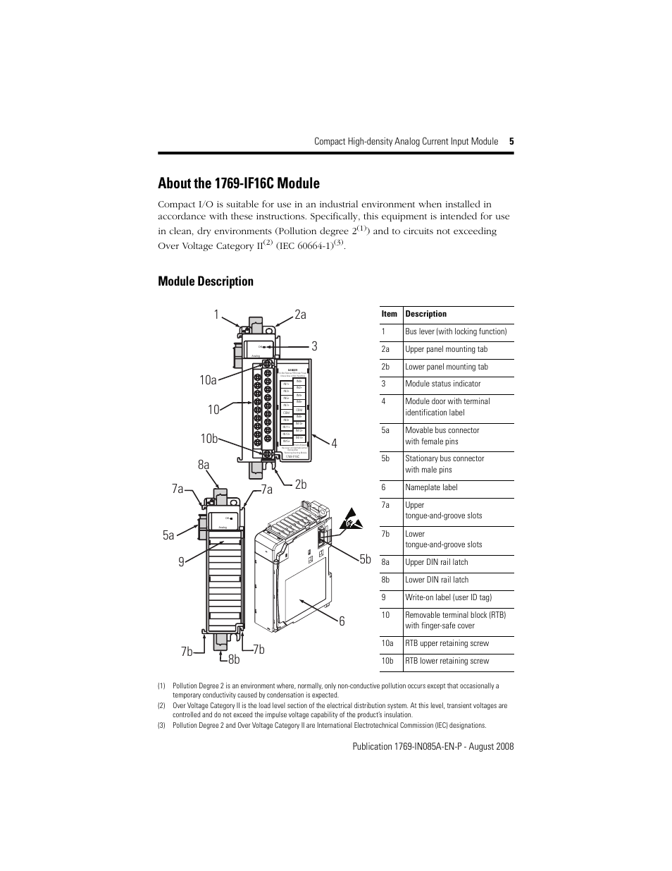 About the 1769-if16c module, Module description | Rockwell Automation 1769-IF16C Conpact High Density Analog Current Input Module User Manual | Page 5 / 28