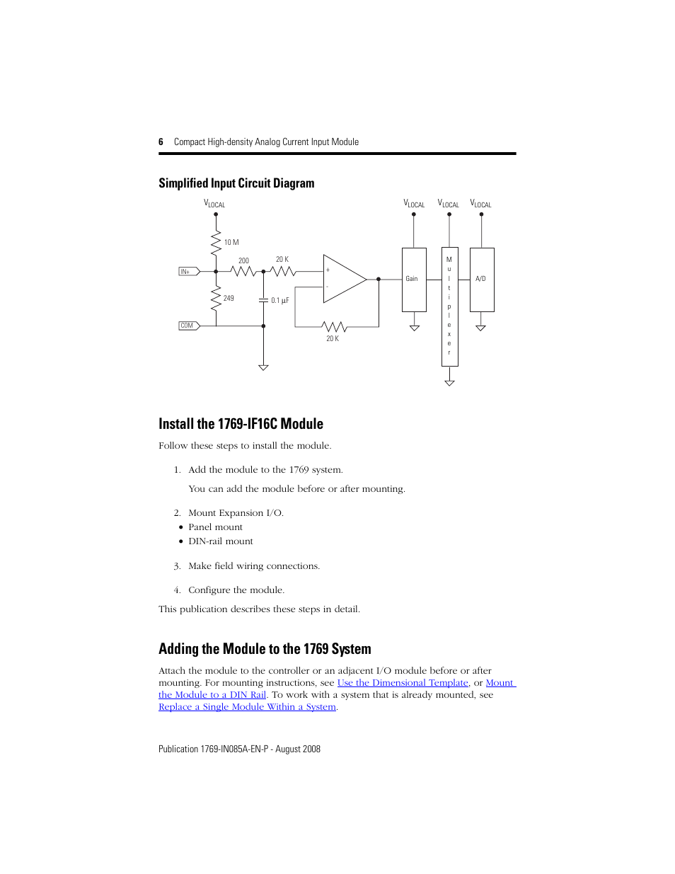 Install the 1769-if16c module, Adding the module to the 1769 system, Simplified input circuit diagram | Rockwell Automation 1769-IF16C Conpact High Density Analog Current Input Module User Manual | Page 6 / 28