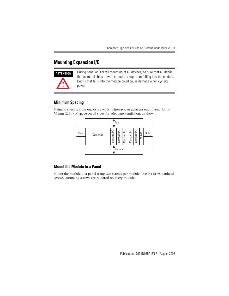 Mounting expansion i/o, Minimum spacing, Mount the module to a panel | Rockwell Automation 1769-IF16C Conpact High Density Analog Current Input Module User Manual | Page 9 / 28