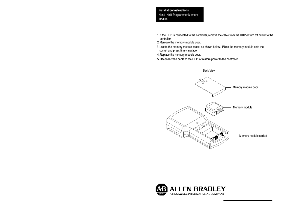 Installing the memory module, Back cover | Rockwell Automation 1761-HHMK64 Hand-Held Programmer Memory Module User Manual | Page 2 / 2