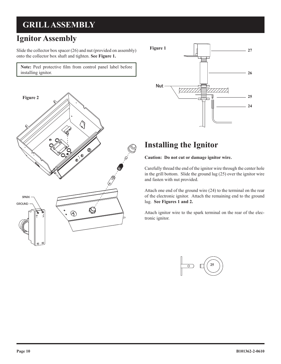 Ignitor assembly, Installing the ignitor, Grill assembly | Broilmaster P3FBLW-2 User Manual | Page 10 / 24