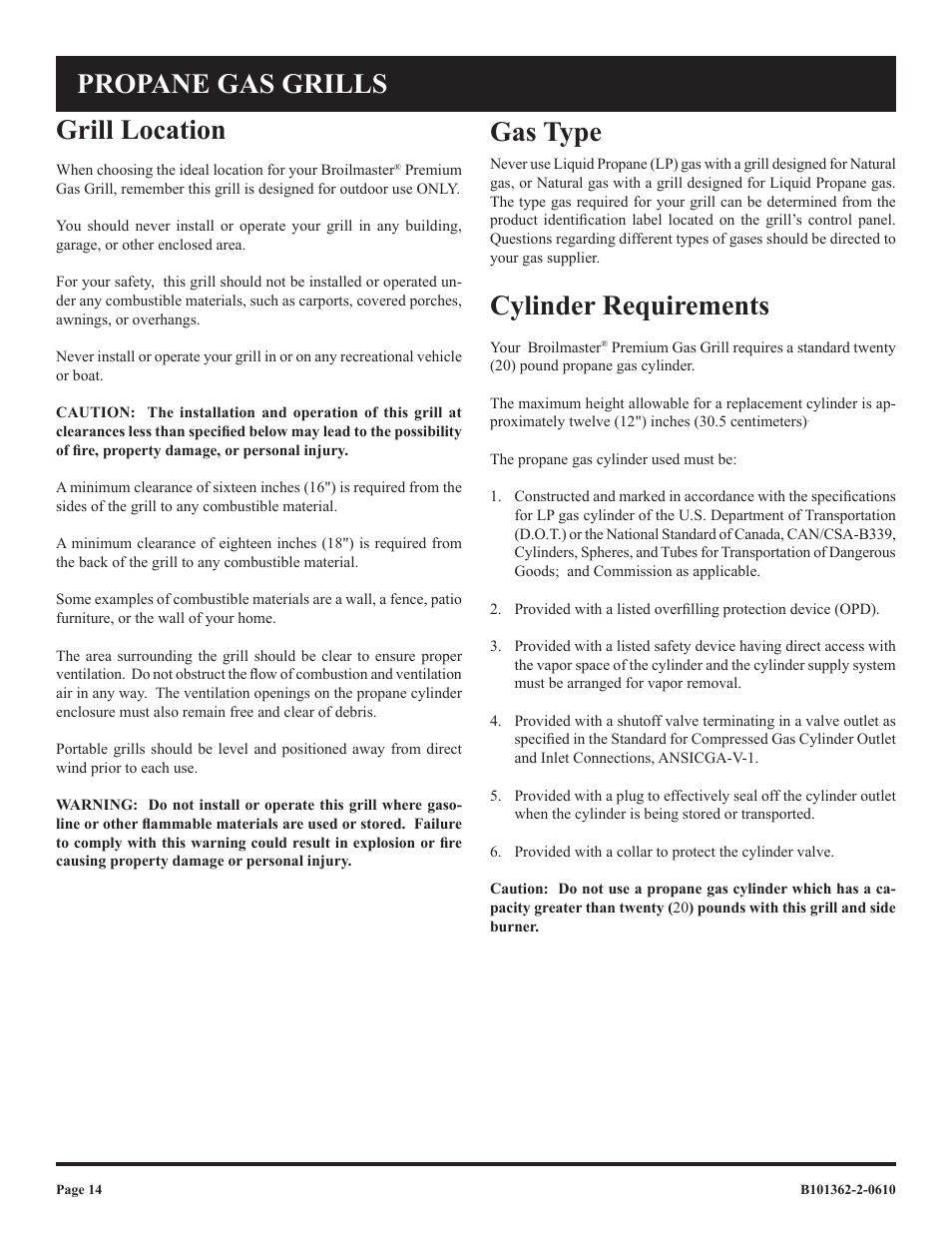 Cylinder requirements, Gas type grill location, Propane gas grills | Broilmaster P3FBLW-2 User Manual | Page 14 / 24