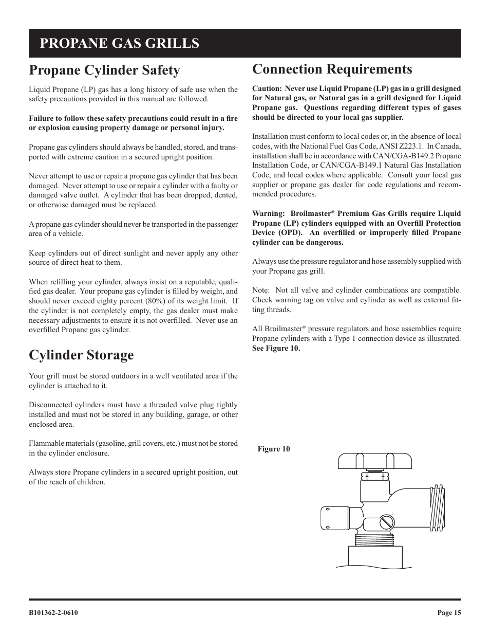 Propane cylinder safety, Cylinder storage, Connection requirements propane gas grills | Broilmaster P3FBLW-2 User Manual | Page 15 / 24