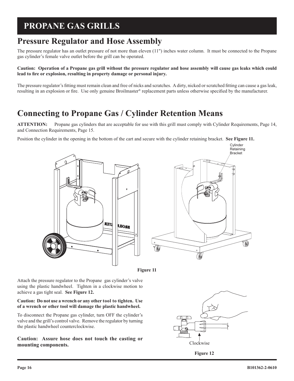 Pressure regulator and hose assembly, Propane gas grills | Broilmaster P3FBLW-2 User Manual | Page 16 / 24