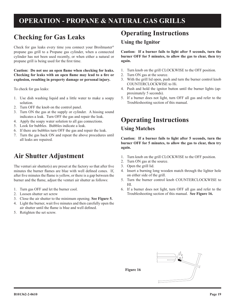 Checking for gas leaks, Operating instructions, Air shutter adjustment | Operation - propane & natural gas grills, Using the ignitor, Using matches | Broilmaster P3FBLW-2 User Manual | Page 19 / 24