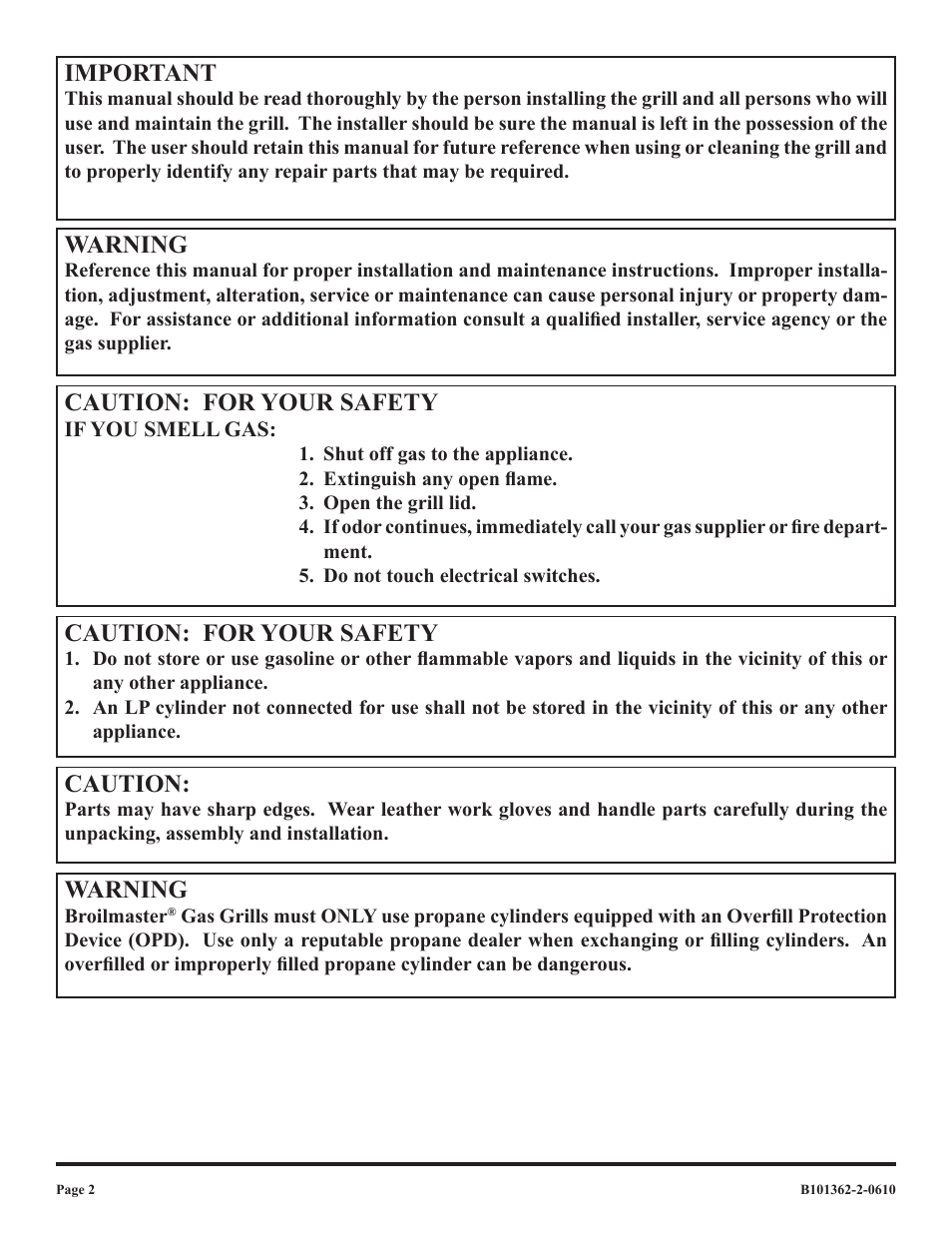 Warning, Caution: for your safety, Caution | Important | Broilmaster P3FBLW-2 User Manual | Page 2 / 24