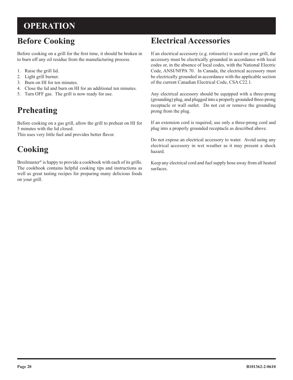 Electrical accessories, Before cooking, Preheating | Cooking, Operation | Broilmaster P3FBLW-2 User Manual | Page 20 / 24