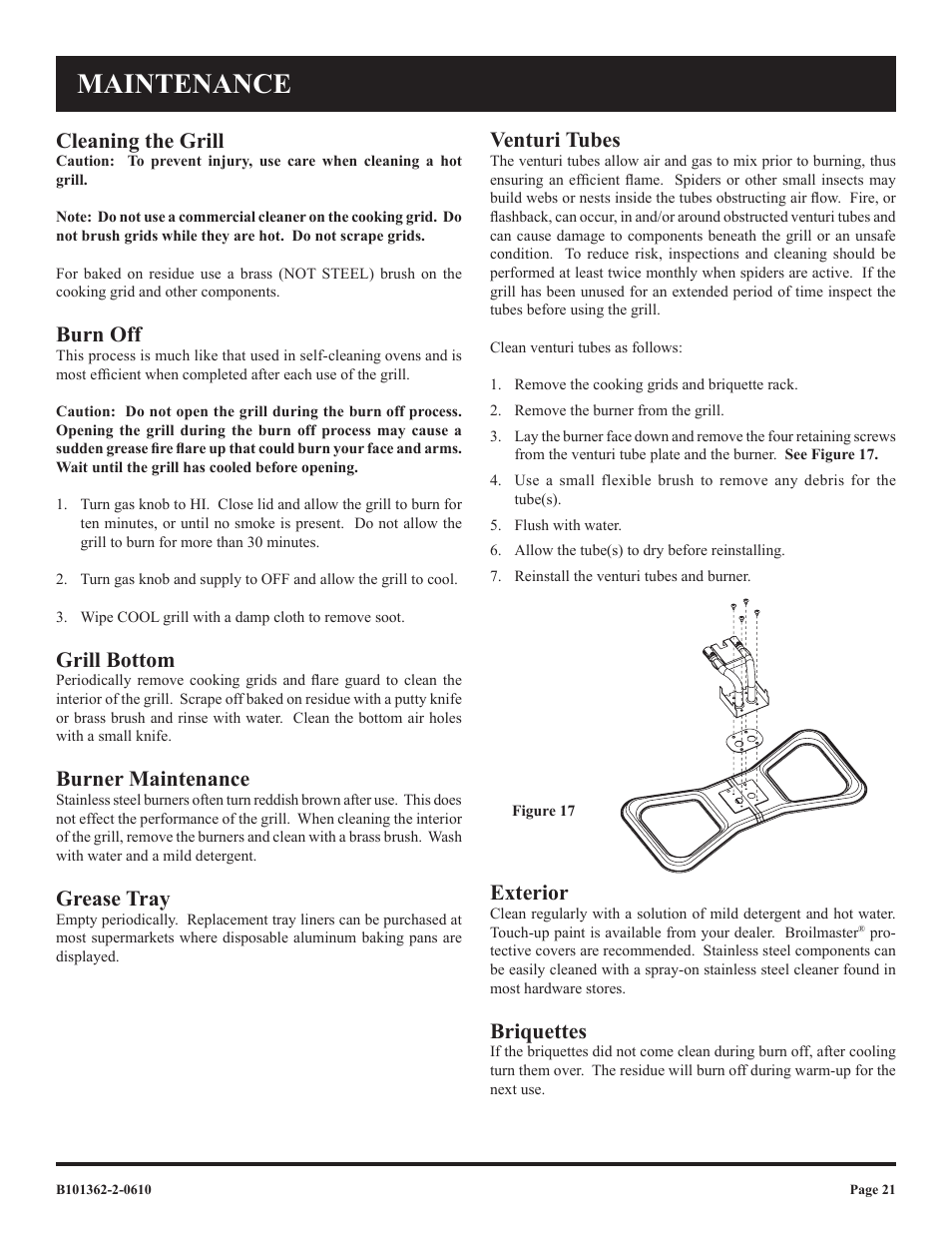 Maintenance, Cleaning the grill, Burn off | Grill bottom, Burner maintenance, Grease tray, Venturi tubes, Exterior, Briquettes | Broilmaster P3FBLW-2 User Manual | Page 21 / 24