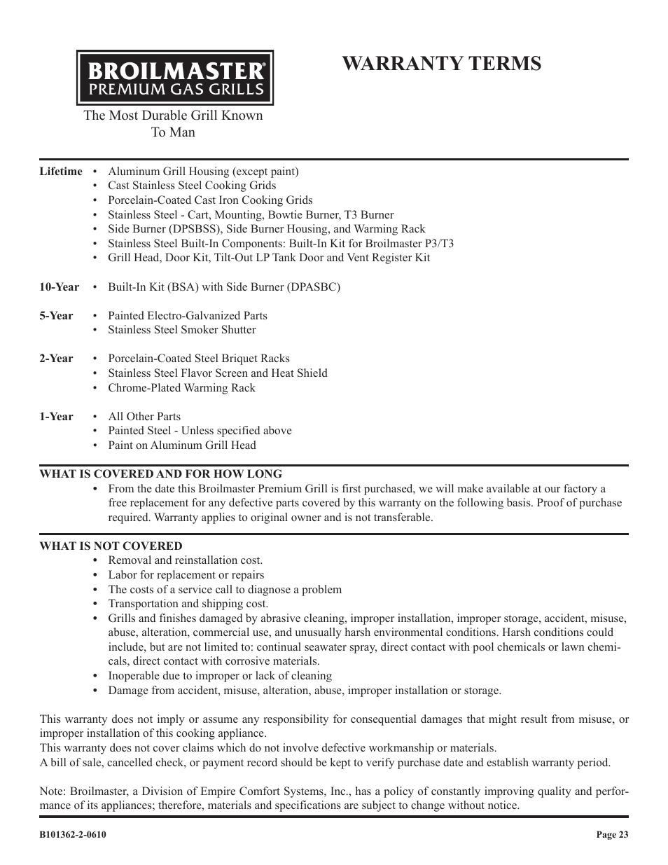 Warranty terms | Broilmaster P3FBLW-2 User Manual | Page 23 / 24