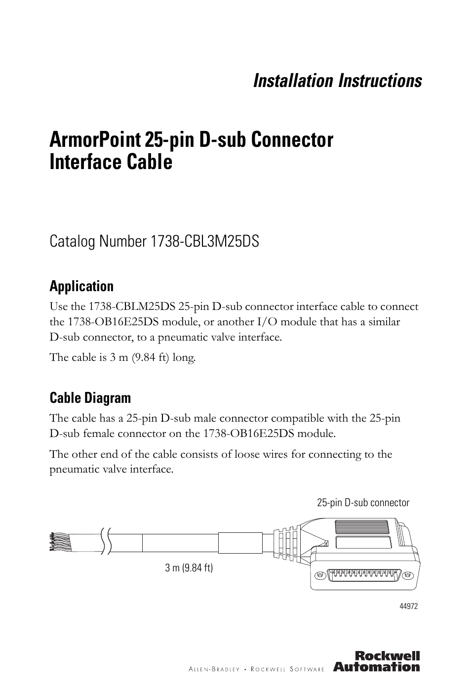 Rockwell Automation 1738-CBL3M25DS ArmorPoint 25-pin D-sub Connector Interface Cable User Manual | 4 pages