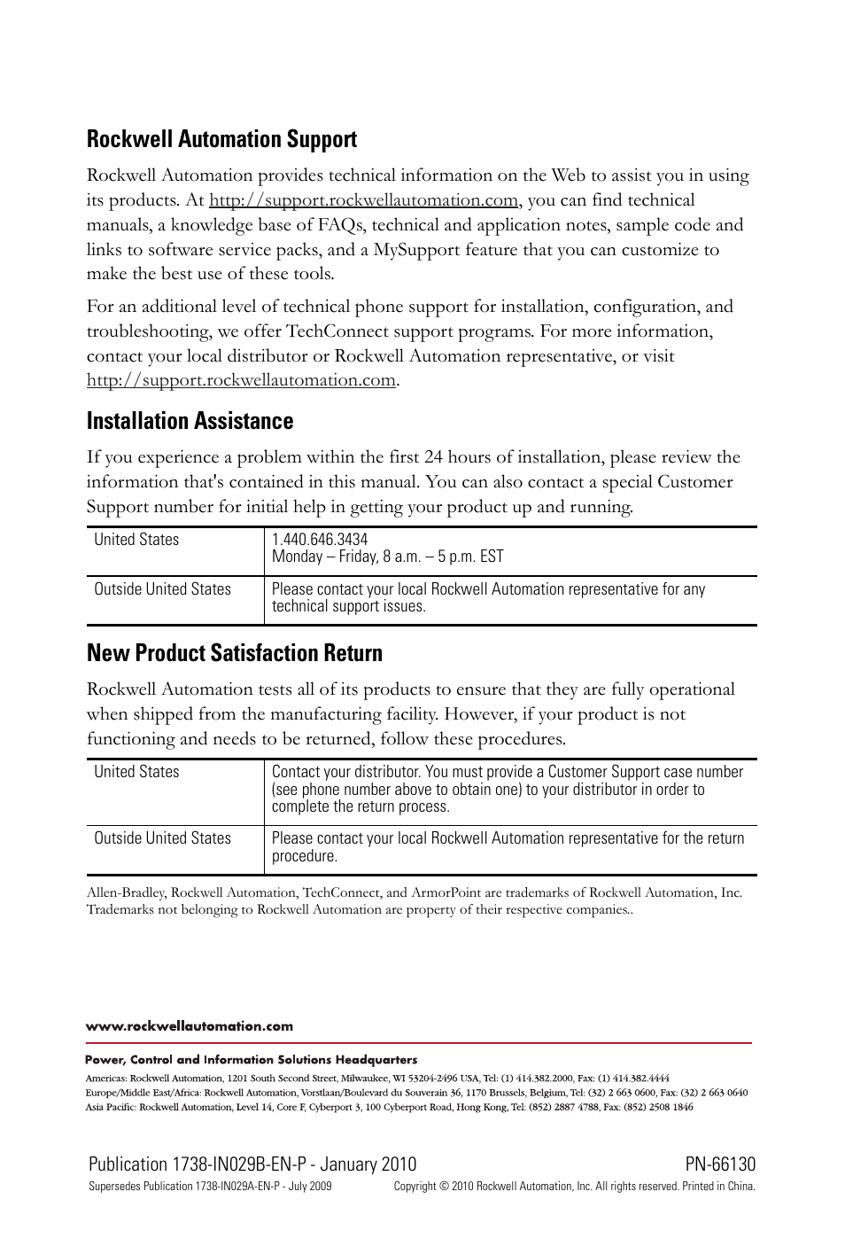 Back cover, Rockwell automation support, Installation assistance | New product satisfaction return | Rockwell Automation 1738-CBL3M25DS ArmorPoint 25-pin D-sub Connector Interface Cable User Manual | Page 4 / 4