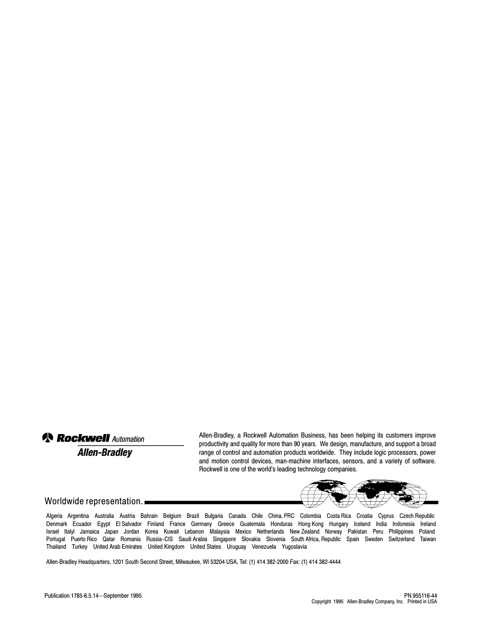 Back cover, Worldwide representation | Rockwell Automation 1785-L20C_L40C, D17856.5.14 ControlNet PLC-5 Programmable Controllers User Manual User Manual | Page 107 / 107