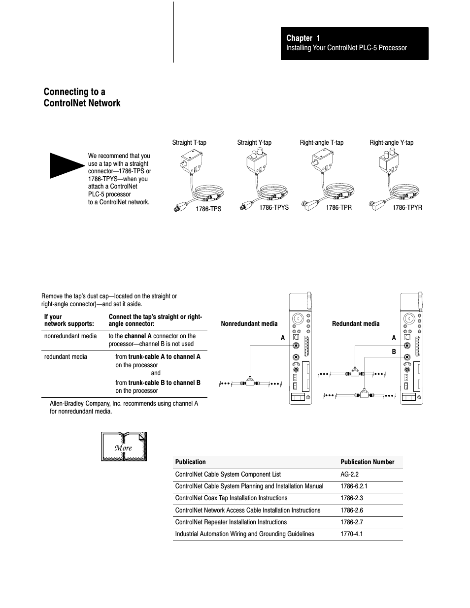 Connecting to a controlnet network, 1ć15, More | Rockwell Automation 1785-L20C_L40C, D17856.5.14 ControlNet PLC-5 Programmable Controllers User Manual User Manual | Page 23 / 107