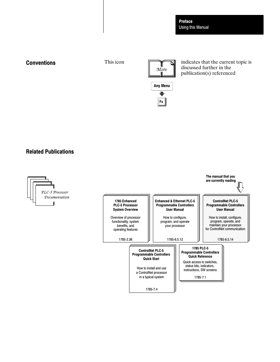 Conventions, Related publications, Conventions related publications | More | Rockwell Automation 1785-L20C_L40C, D17856.5.14 ControlNet PLC-5 Programmable Controllers User Manual User Manual | Page 7 / 107