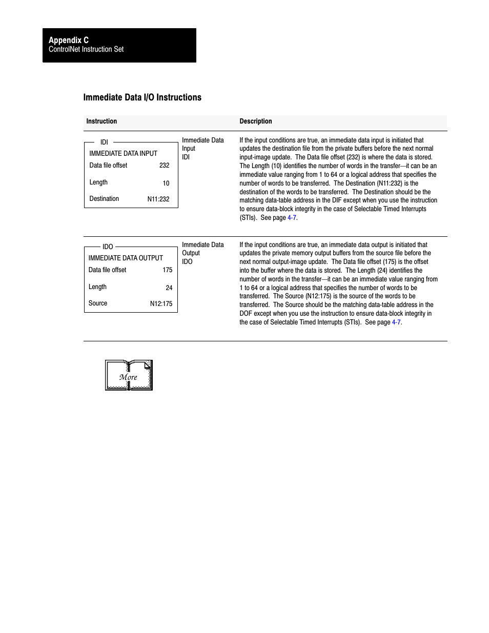 Immediate data i/o instructions, More | Rockwell Automation 1785-L20C_L40C, D17856.5.14 ControlNet PLC-5 Programmable Controllers User Manual User Manual | Page 90 / 107