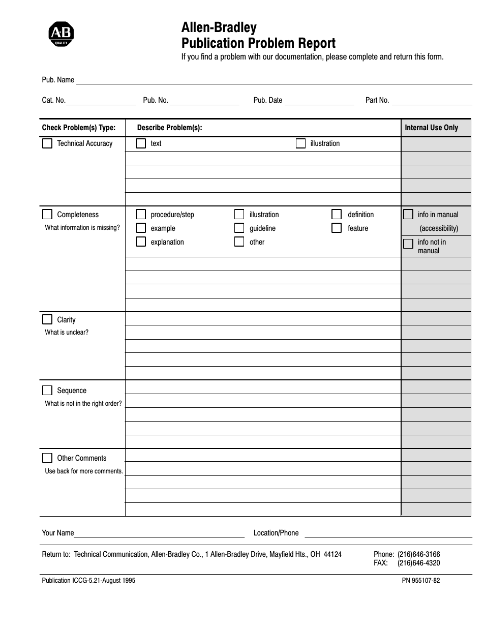 Publication problem report, Allenćbradley publication problem report | Rockwell Automation 1785-L20C_L40C, D17856.5.14 ControlNet PLC-5 Programmable Controllers User Manual User Manual | Page 95 / 107