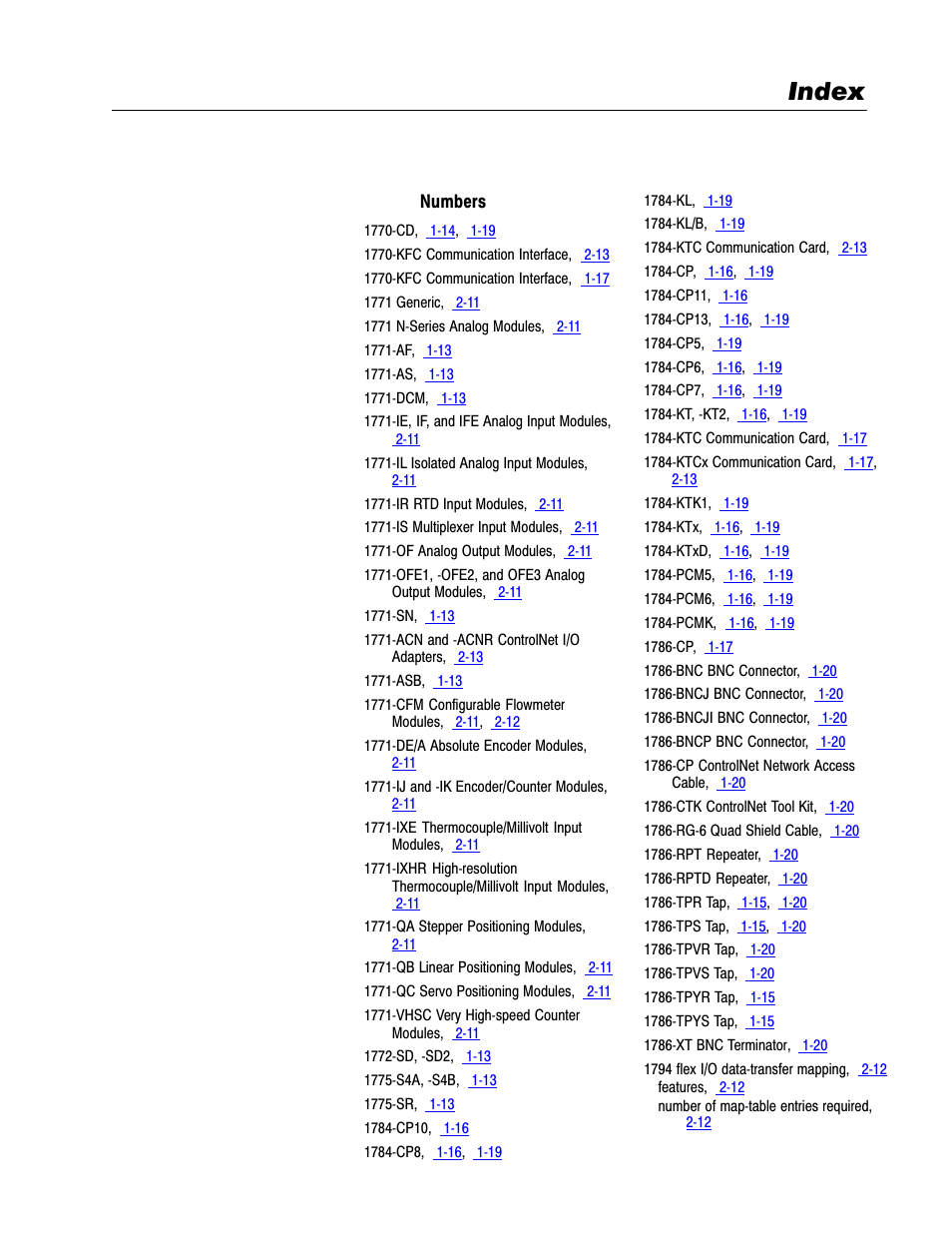 Index | Rockwell Automation 1785-L20C_L40C, D17856.5.14 ControlNet PLC-5 Programmable Controllers User Manual User Manual | Page 97 / 107