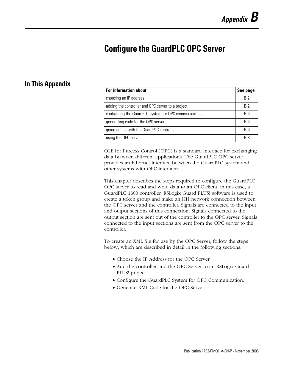 B - configure the guardplc opc server, In this appendix, Appendix b | Configure the guardplc opc server, Appendix | Rockwell Automation 1753-PCS-PAR Using RSLogix Guard PLUS! with GuardPLC Controllers User Manual | Page 107 / 122