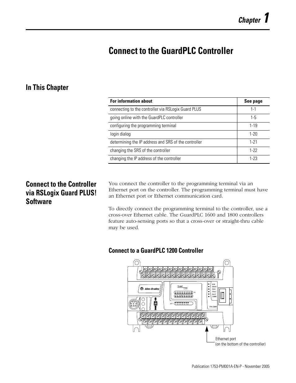 1 - connect to the guardplc controller, In this chapter, Chapter 1 | Connect to the guardplc controller, Connect to a guardplc 1200 controller -1, Chapter, Connect to a guardplc 1200 controller | Rockwell Automation 1753-PCS-PAR Using RSLogix Guard PLUS! with GuardPLC Controllers User Manual | Page 11 / 122