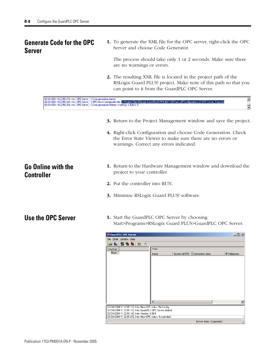 Generate code for the opc server, Go online with the controller, Use the opc server | Rockwell Automation 1753-PCS-PAR Using RSLogix Guard PLUS! with GuardPLC Controllers User Manual | Page 114 / 122