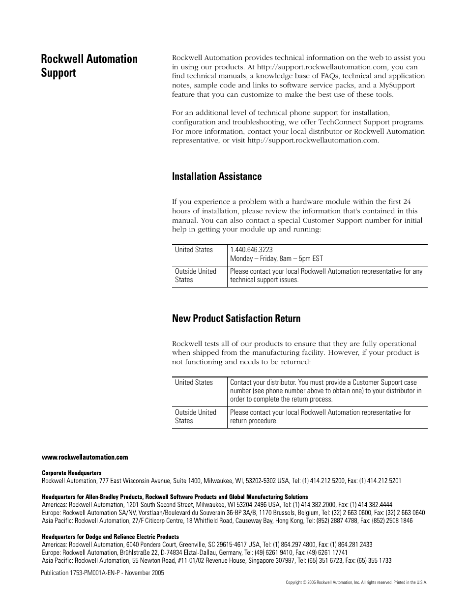 Back cover, Rockwell automation support, Installation assistance | New product satisfaction return | Rockwell Automation 1753-PCS-PAR Using RSLogix Guard PLUS! with GuardPLC Controllers User Manual | Page 122 / 122