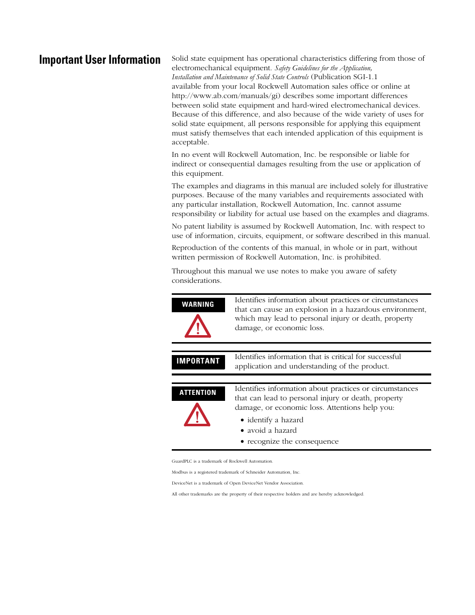 Important user information | Rockwell Automation 1753-PCS-PAR Using RSLogix Guard PLUS! with GuardPLC Controllers User Manual | Page 2 / 122