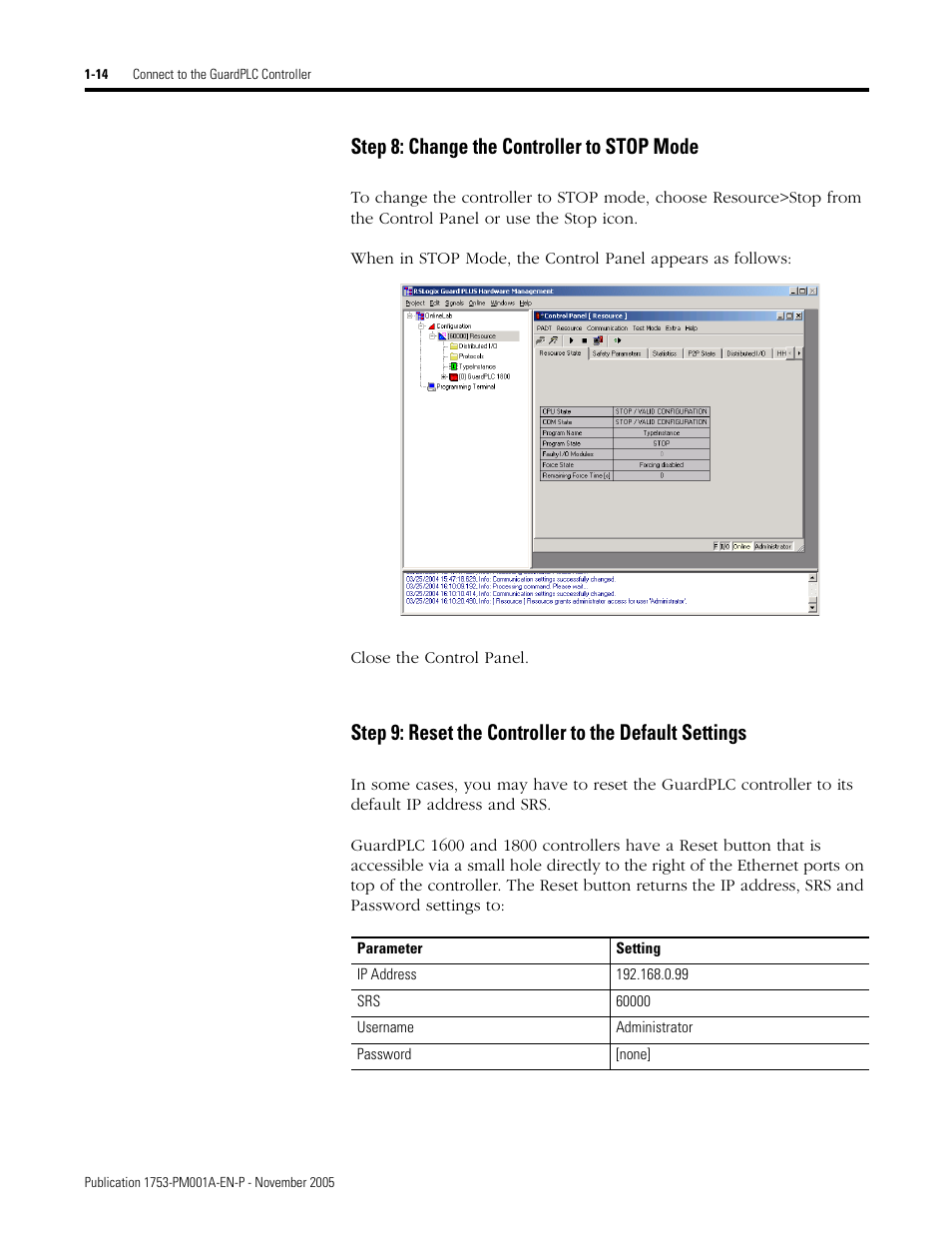 Step 8: change the controller to stop mode | Rockwell Automation 1753-PCS-PAR Using RSLogix Guard PLUS! with GuardPLC Controllers User Manual | Page 24 / 122