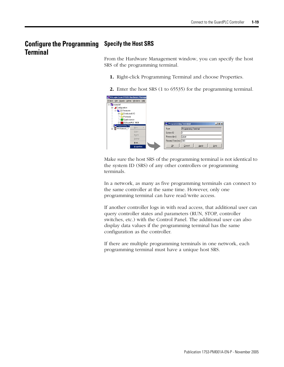 Configure the programming terminal, Configure the programming terminal -19, Specify the host srs -19 | Specify the host srs | Rockwell Automation 1753-PCS-PAR Using RSLogix Guard PLUS! with GuardPLC Controllers User Manual | Page 29 / 122