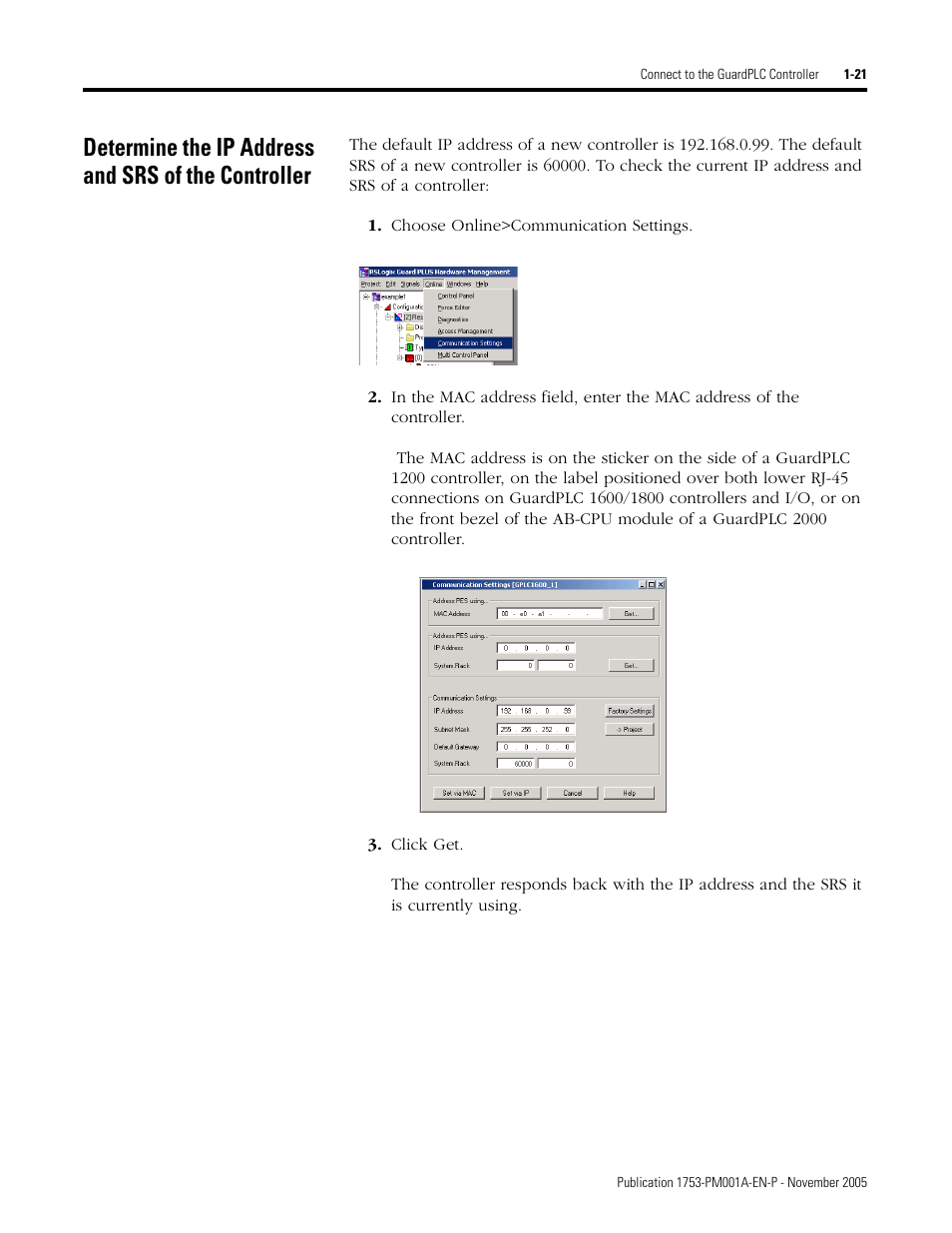 Determine the ip address and srs of the controller | Rockwell Automation 1753-PCS-PAR Using RSLogix Guard PLUS! with GuardPLC Controllers User Manual | Page 31 / 122