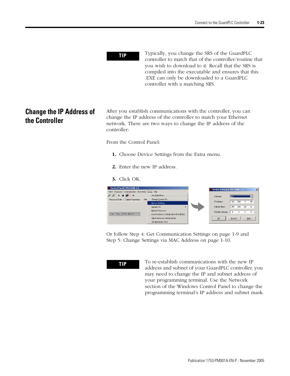 Change the ip address of the controller, Change the ip address of the controller -23 | Rockwell Automation 1753-PCS-PAR Using RSLogix Guard PLUS! with GuardPLC Controllers User Manual | Page 33 / 122