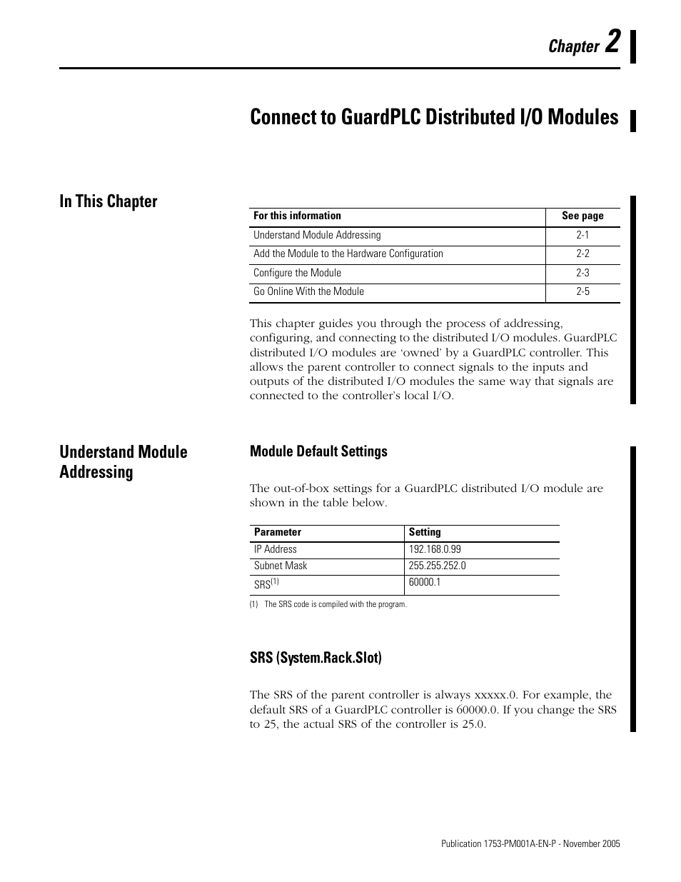 2 - connect to guardplc distributed i/o modules, In this chapter, Understand module addressing | Chapter 2, Connect to guardplc distributed i/o modules, In this chapter -1 understand module addressing -1, Chapter | Rockwell Automation 1753-PCS-PAR Using RSLogix Guard PLUS! with GuardPLC Controllers User Manual | Page 35 / 122