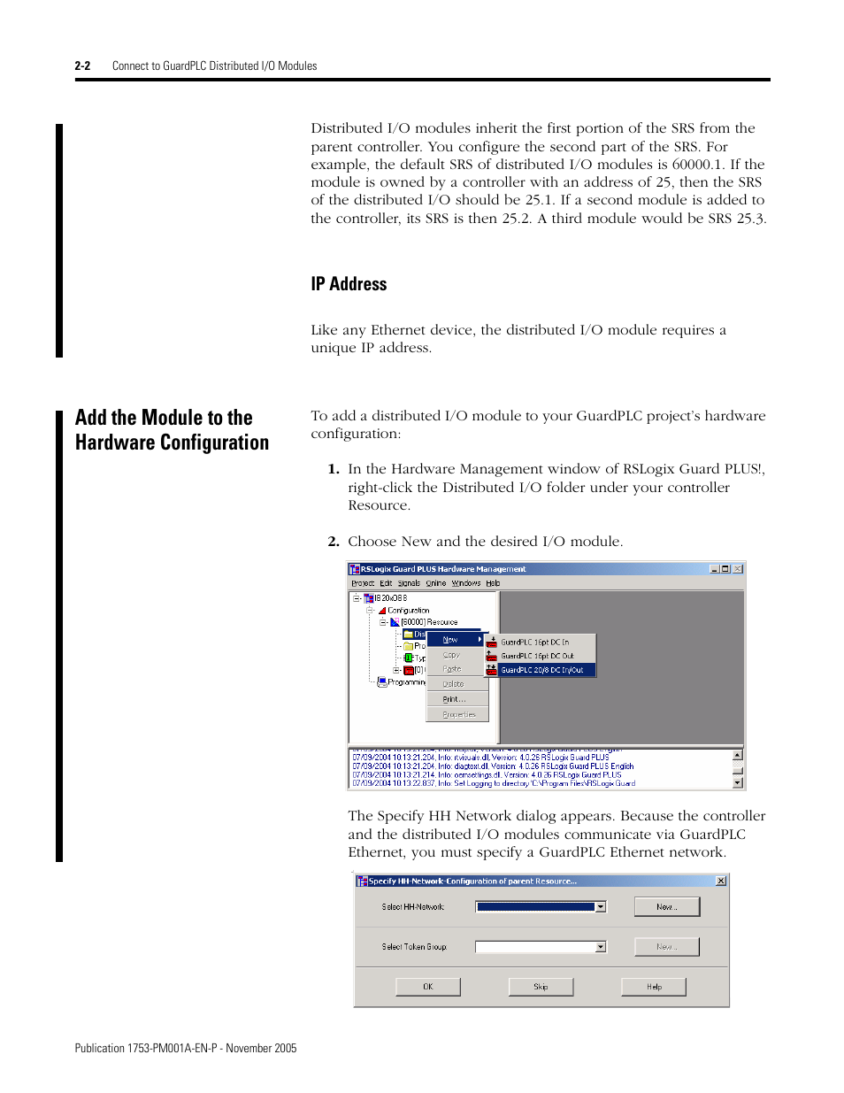 Add the module to the hardware configuration, Ip address -2, Add the module to the hardware configuration -2 | Add the module | Rockwell Automation 1753-PCS-PAR Using RSLogix Guard PLUS! with GuardPLC Controllers User Manual | Page 36 / 122