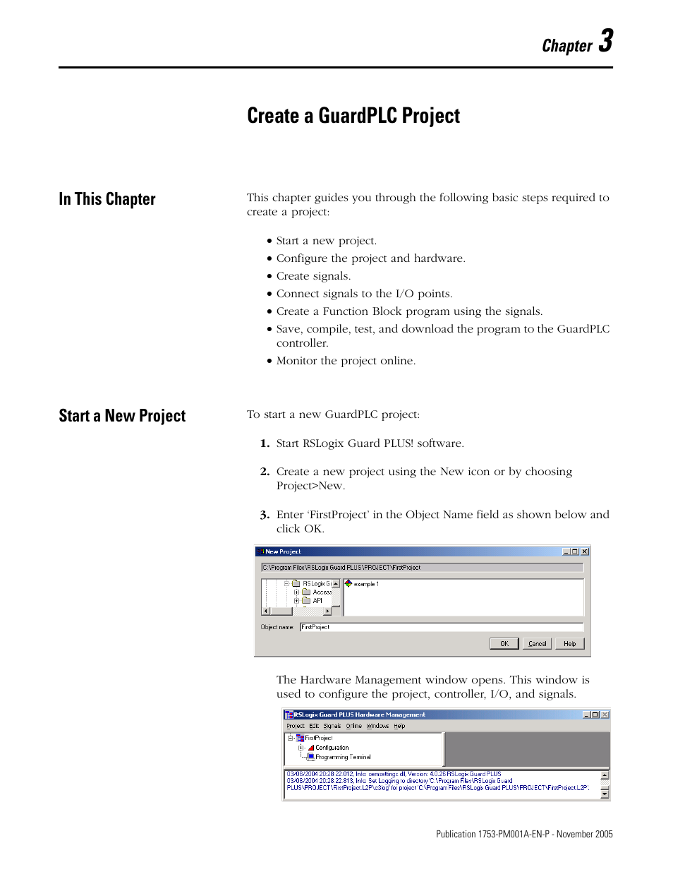 3 - create a guardplc project, In this chapter, Start a new project | Chapter 3, Create a guardplc project, In this chapter -1 start a new project -1, Chapter | Rockwell Automation 1753-PCS-PAR Using RSLogix Guard PLUS! with GuardPLC Controllers User Manual | Page 41 / 122