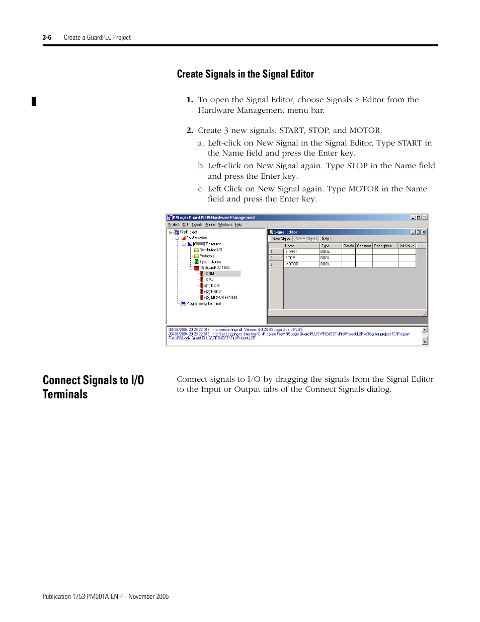 Connect signals to i/o terminals, Create signals in the signal editor -6, Connect signals to i/o terminals -6 | Create signals in the signal editor | Rockwell Automation 1753-PCS-PAR Using RSLogix Guard PLUS! with GuardPLC Controllers User Manual | Page 46 / 122