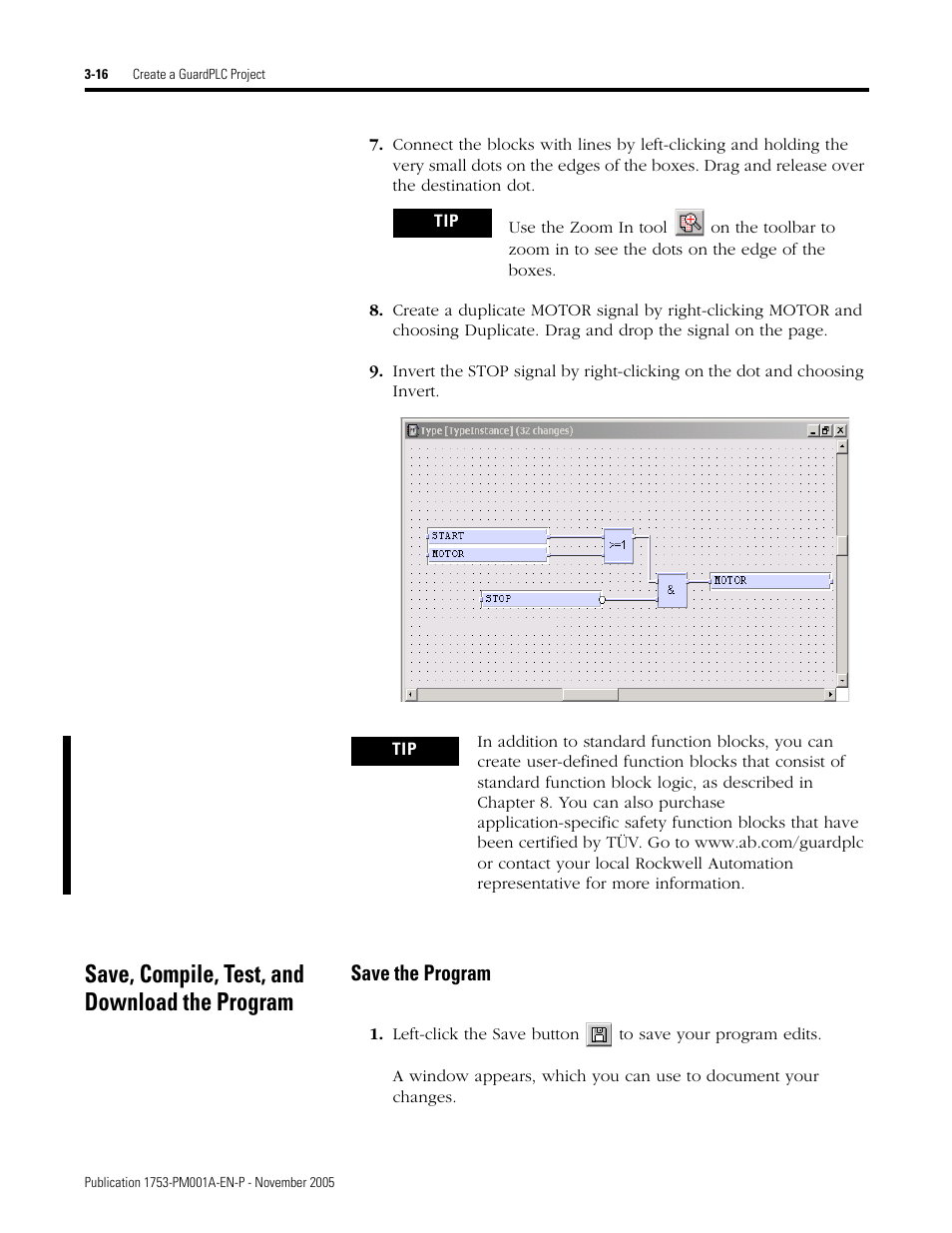 Save, compile, test, and download the program, Save, compile, test, and download the program -16, Save the program -16 | Save the program | Rockwell Automation 1753-PCS-PAR Using RSLogix Guard PLUS! with GuardPLC Controllers User Manual | Page 56 / 122