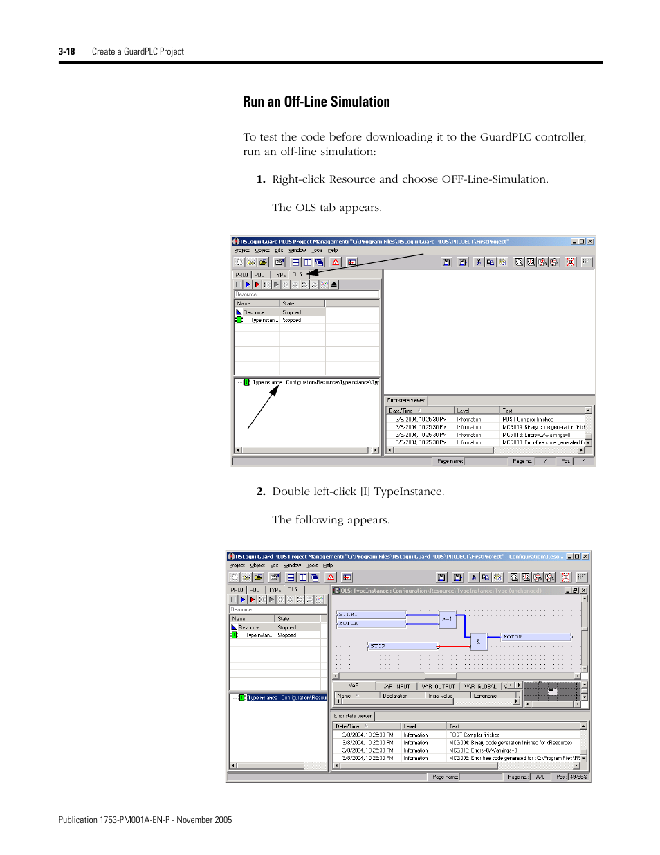 Run an off-line simulation -18, Run an off-line simulation | Rockwell Automation 1753-PCS-PAR Using RSLogix Guard PLUS! with GuardPLC Controllers User Manual | Page 58 / 122